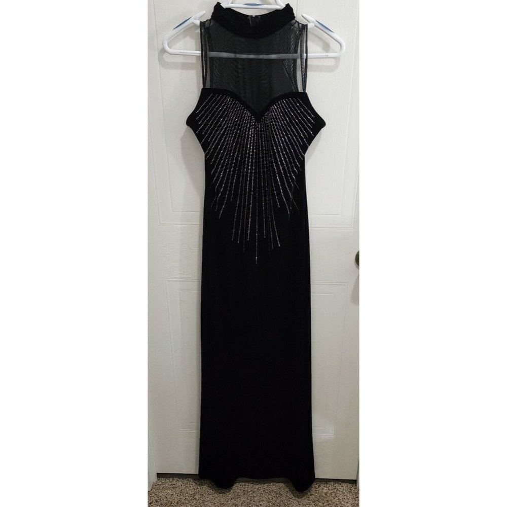 Vtg Onyx Nites High Mesh Neck Maxi Dress Sz 8 Velvet Black Goth Prom Evening Y2K
